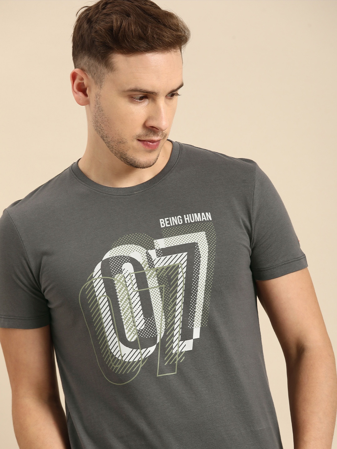 

Being Human Men Charcoal & White Typography Printed Pure Cotton T-shirt