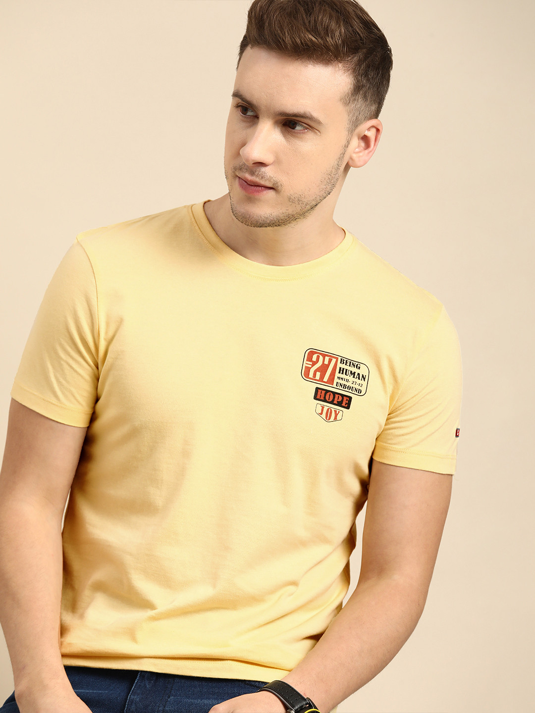 

Being Human Men Yellow & Black Typography Printed Pure Cotton T-shirt