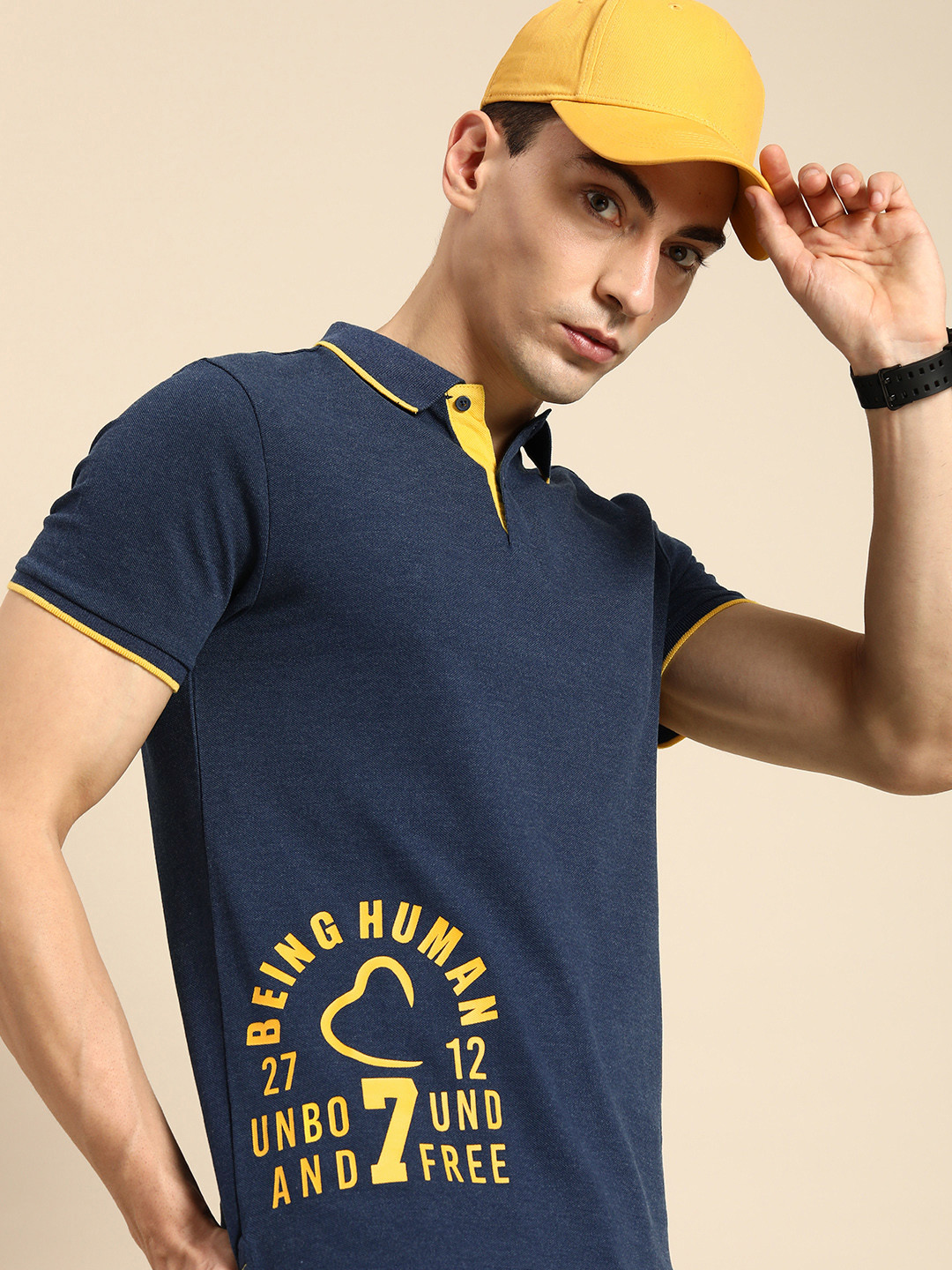 

Being Human Men Typography Print Polo Collar T-shirt, Navy blue