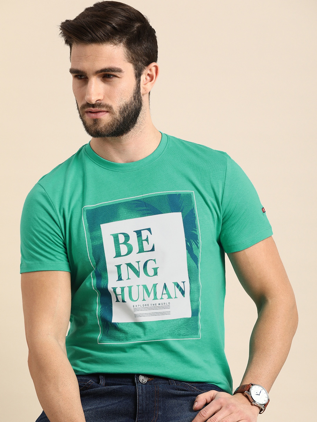 

Being Human Men Green & Blue Typography Printed Pure Cotton T-shirt