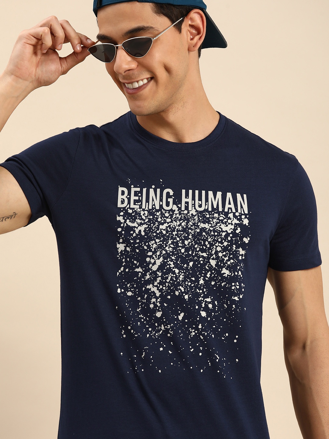 

Being Human Men Navy Blue & White Graphic Printed Pure Cotton Casual T-shirt
