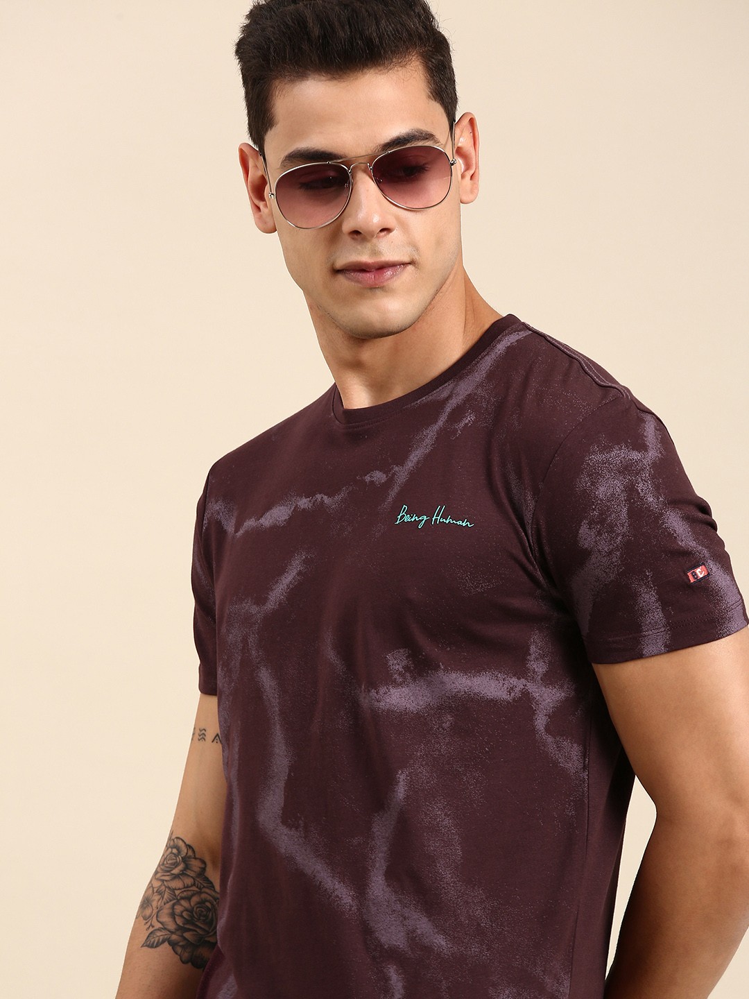 

Being Human Men Wine Tie and Dye Printed Casual T-shirt, Maroon