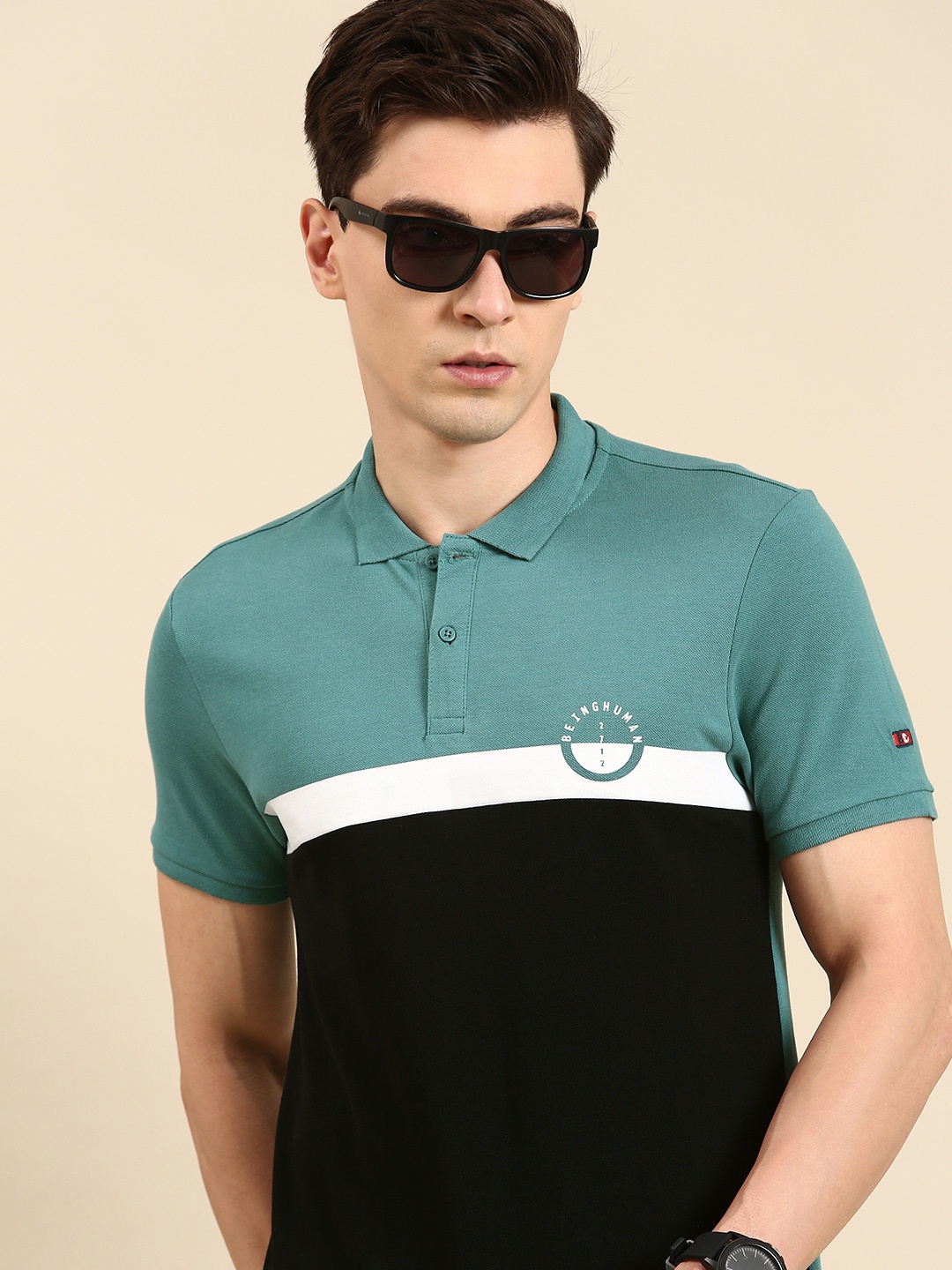 

Being Human Men Colourblocked Polo Collar Pure Cotton T-shirt, Green