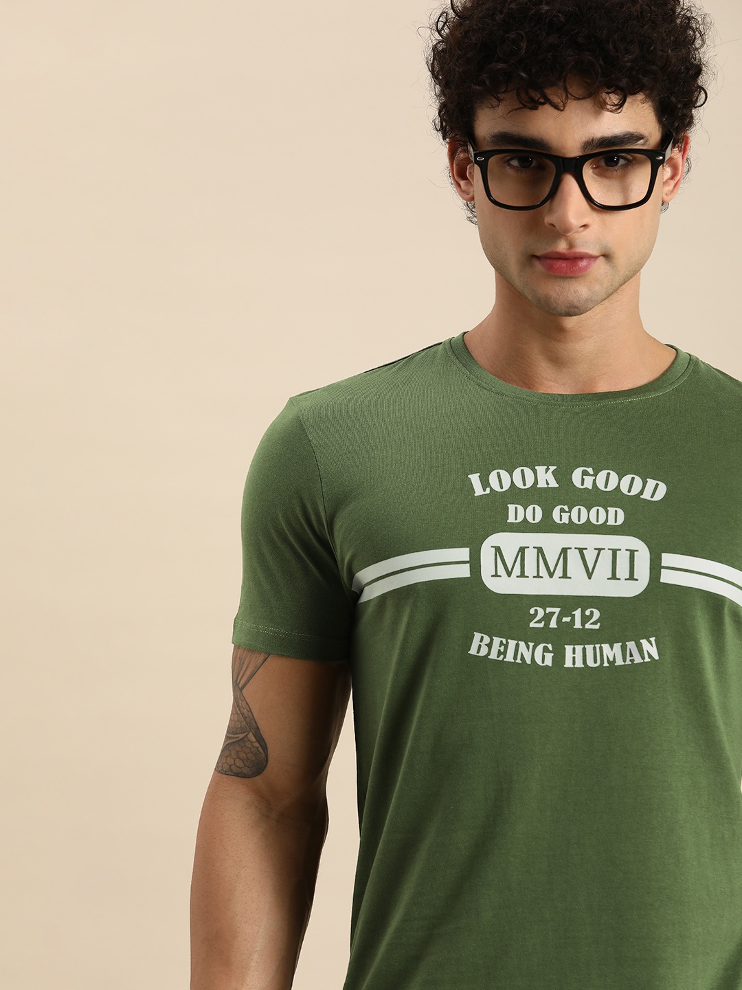 

Being Human Men Olive Green Typography Printed T-shirt