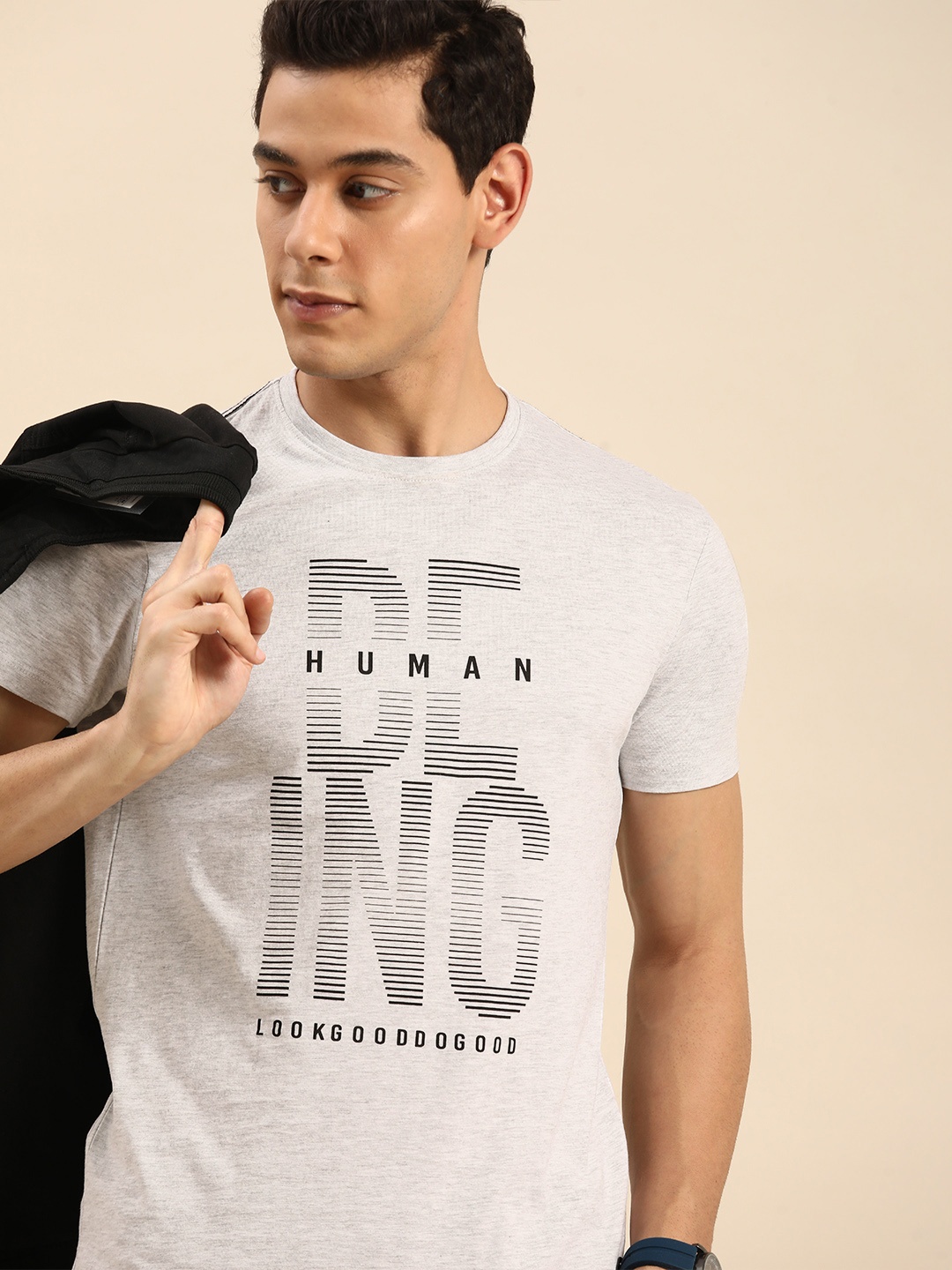 

Being Human Men Grey Melange Graphic Printed Casual T-shirt