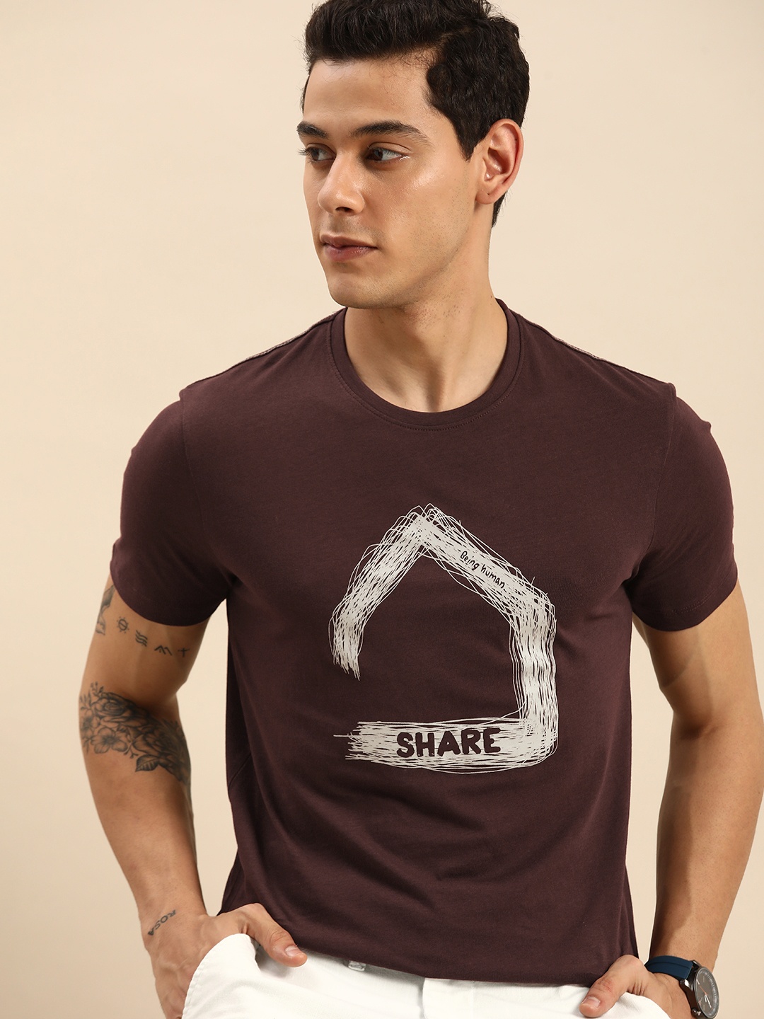 

Being Human Men Wine-Coloured Graphic Printed Pure Cotton Casual T-shirt, Burgundy