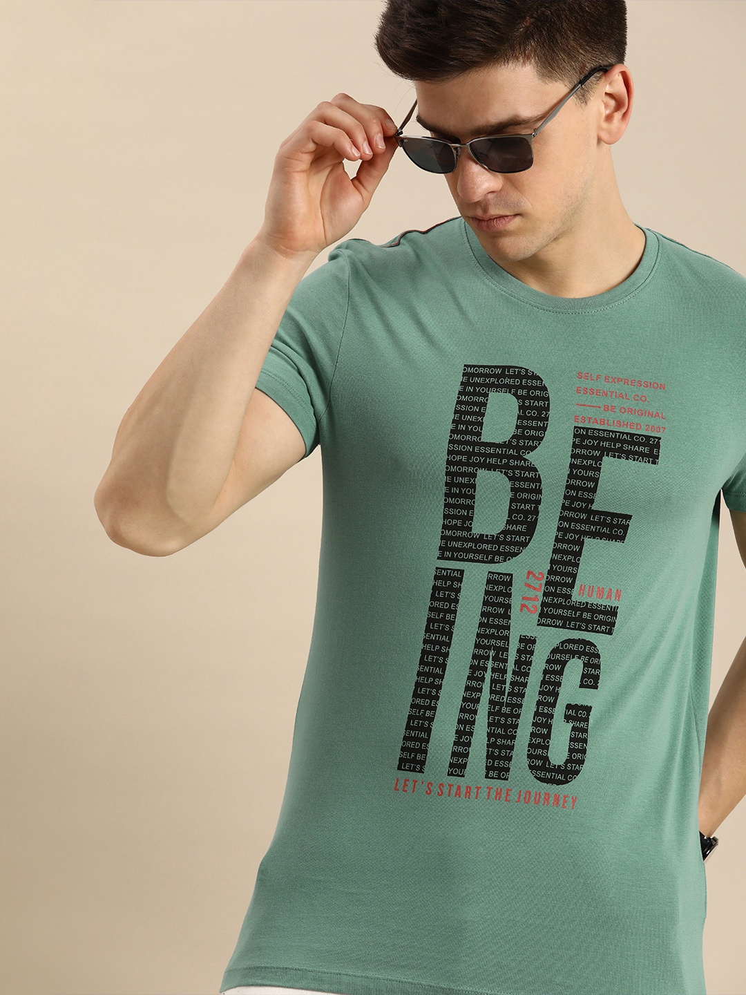 

Being Human Clothing Men Green Typography Printed Round Neck Pure Cotton T-shirt