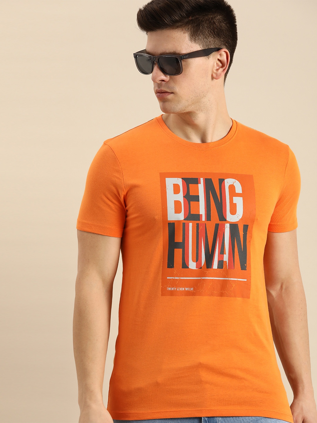 

Being Human Men Orange Typography Printed Pure Cotton T-shirt