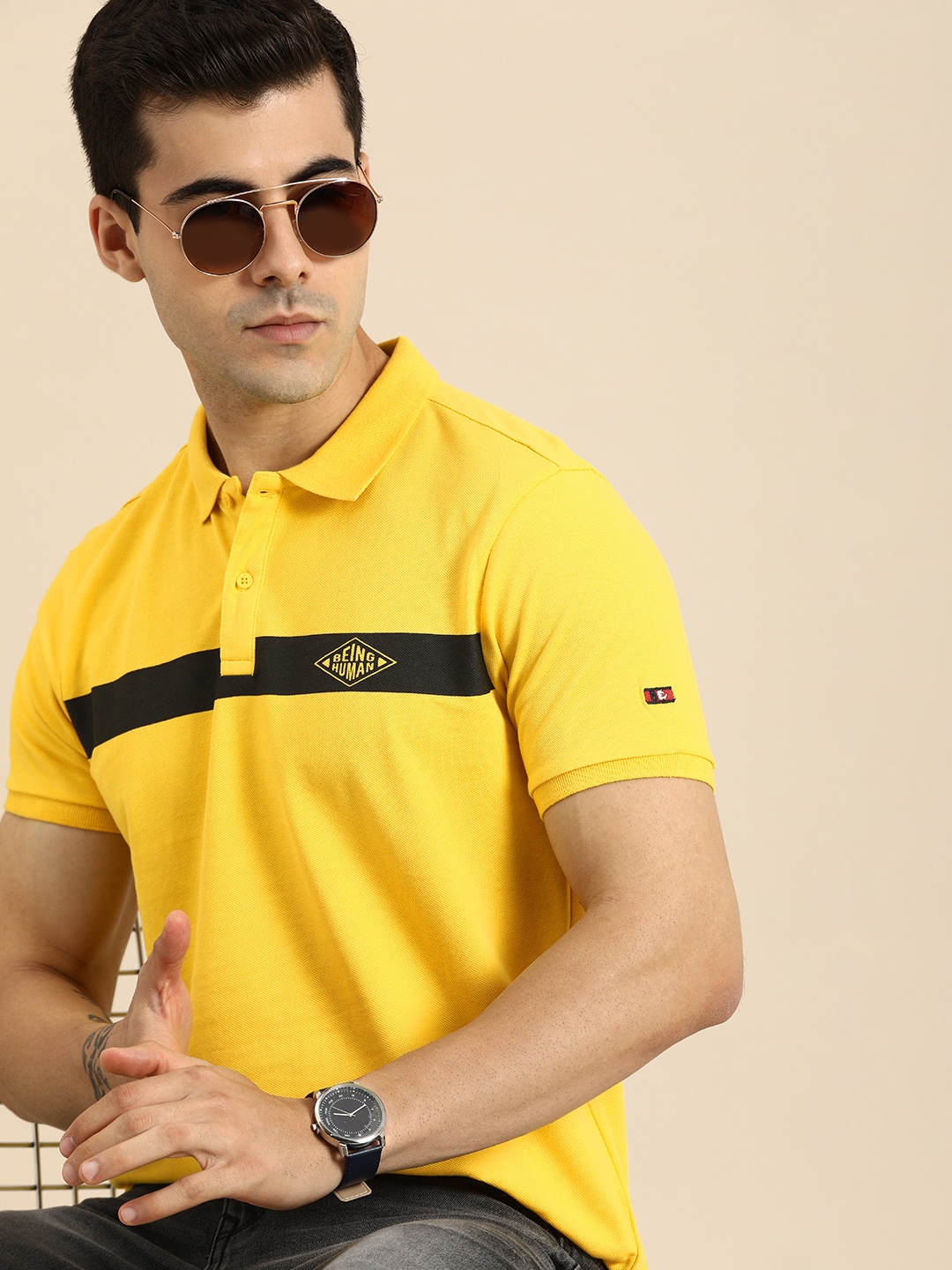 

Being Human Men Yellow & Black Striped Polo Collar T-shirt