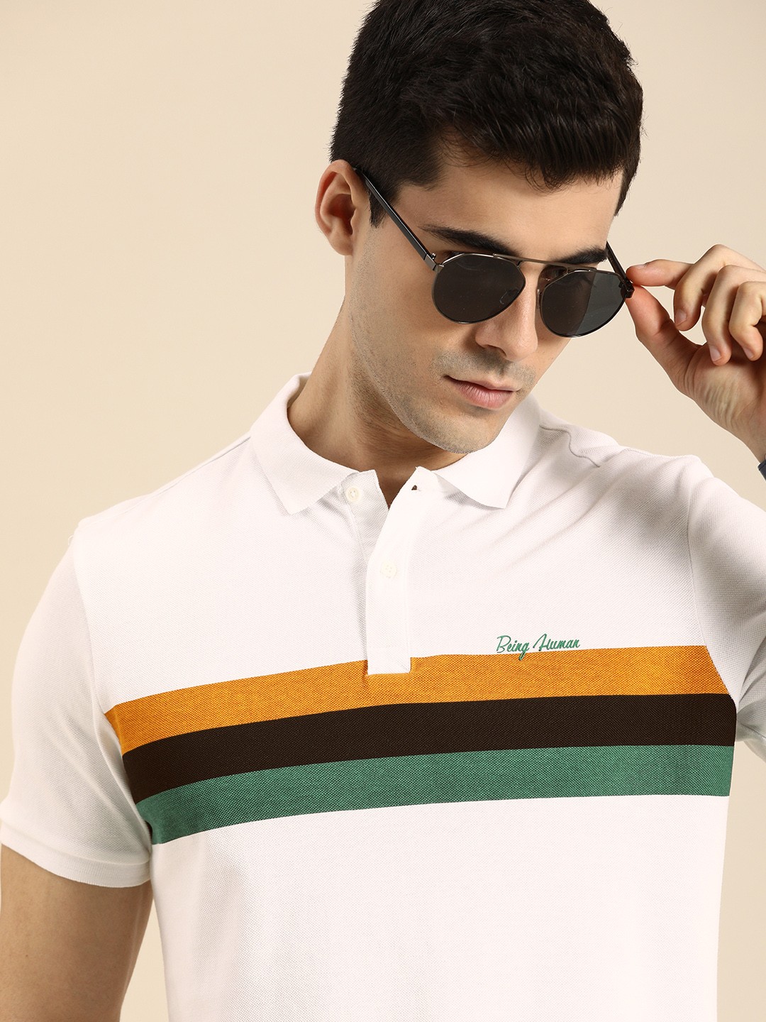 

Being Human Men White & Black Striped Polo Collar T-shirt
