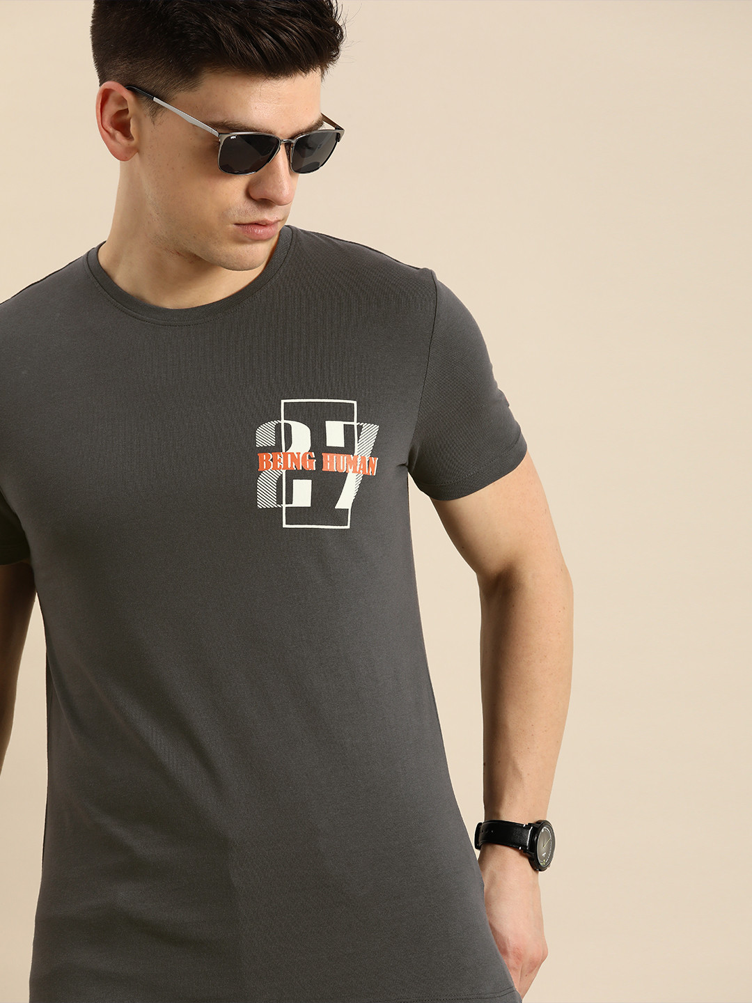

Being Human Men Charcoal Typography Printed Pure Cotton T-shirt