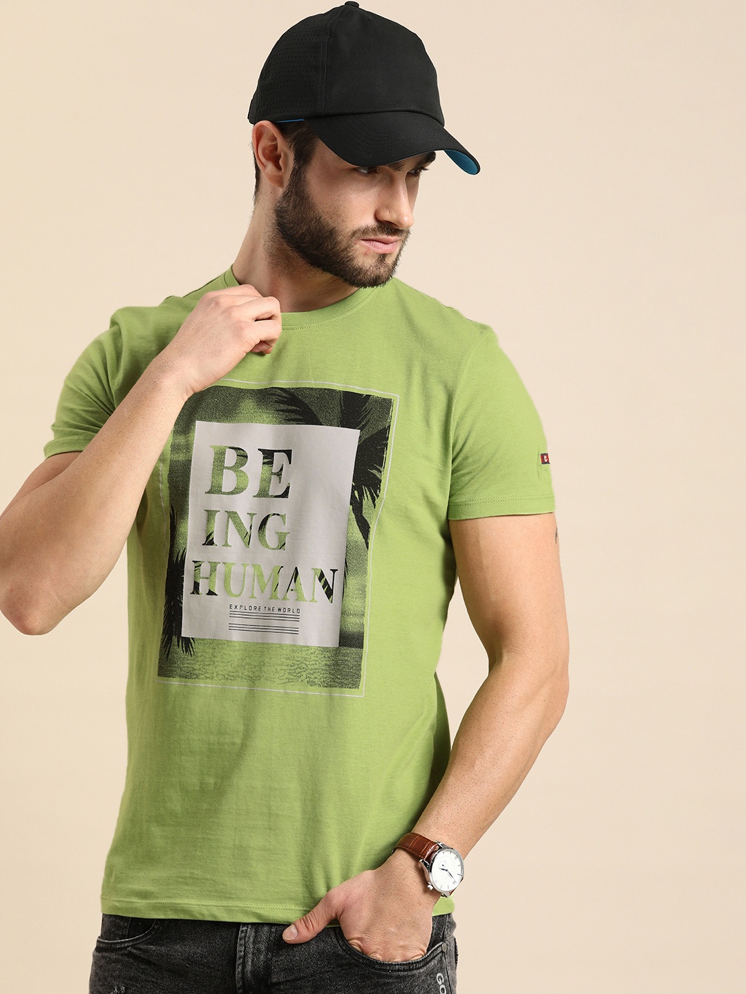 

Being Human Men Light Olive Green & Grey Printed Pure Cotton T-shirt