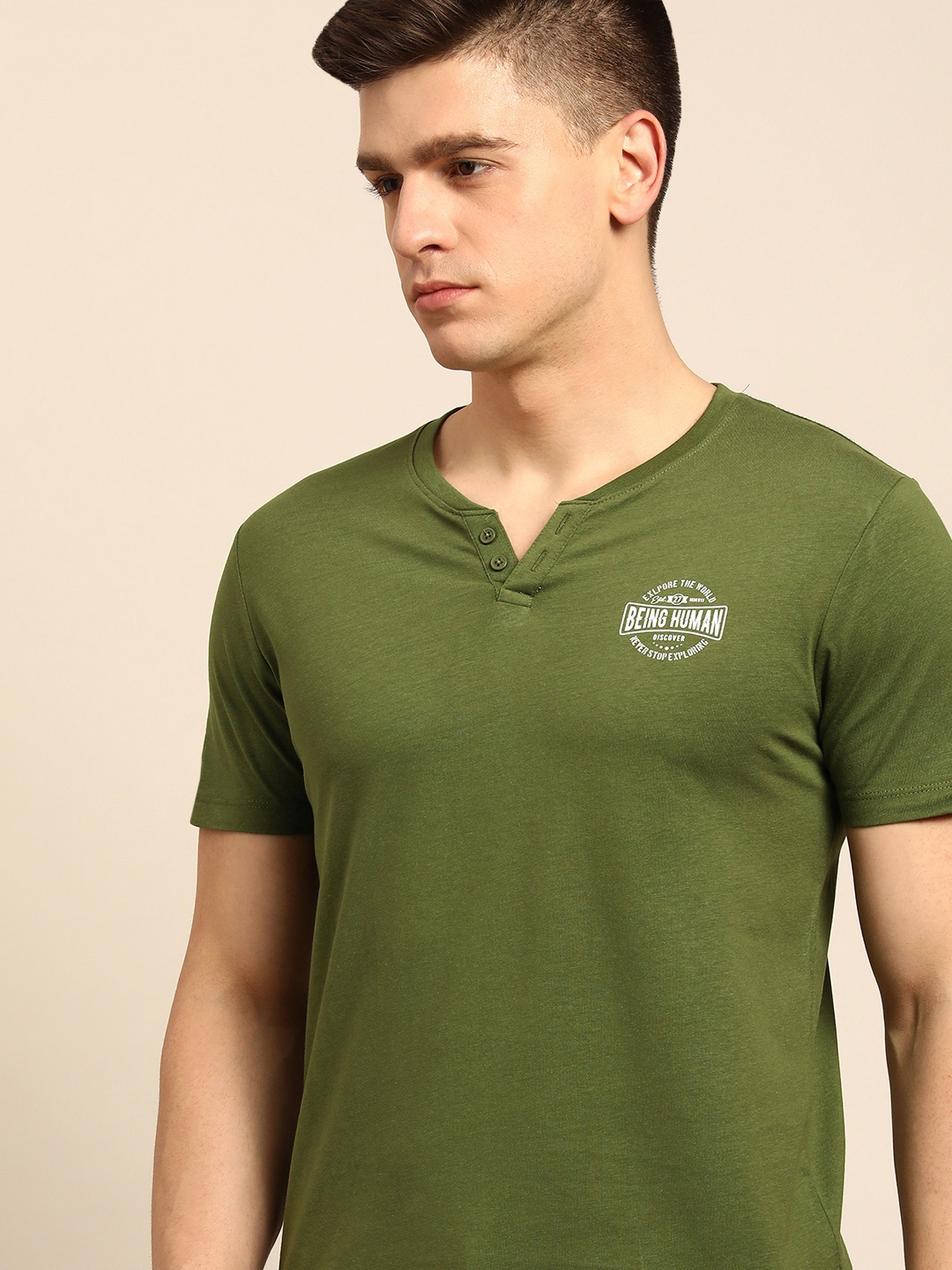 

Being Human Men Olive Green Brand Logo Printed Henley Neck Pure Cotton T-shirt