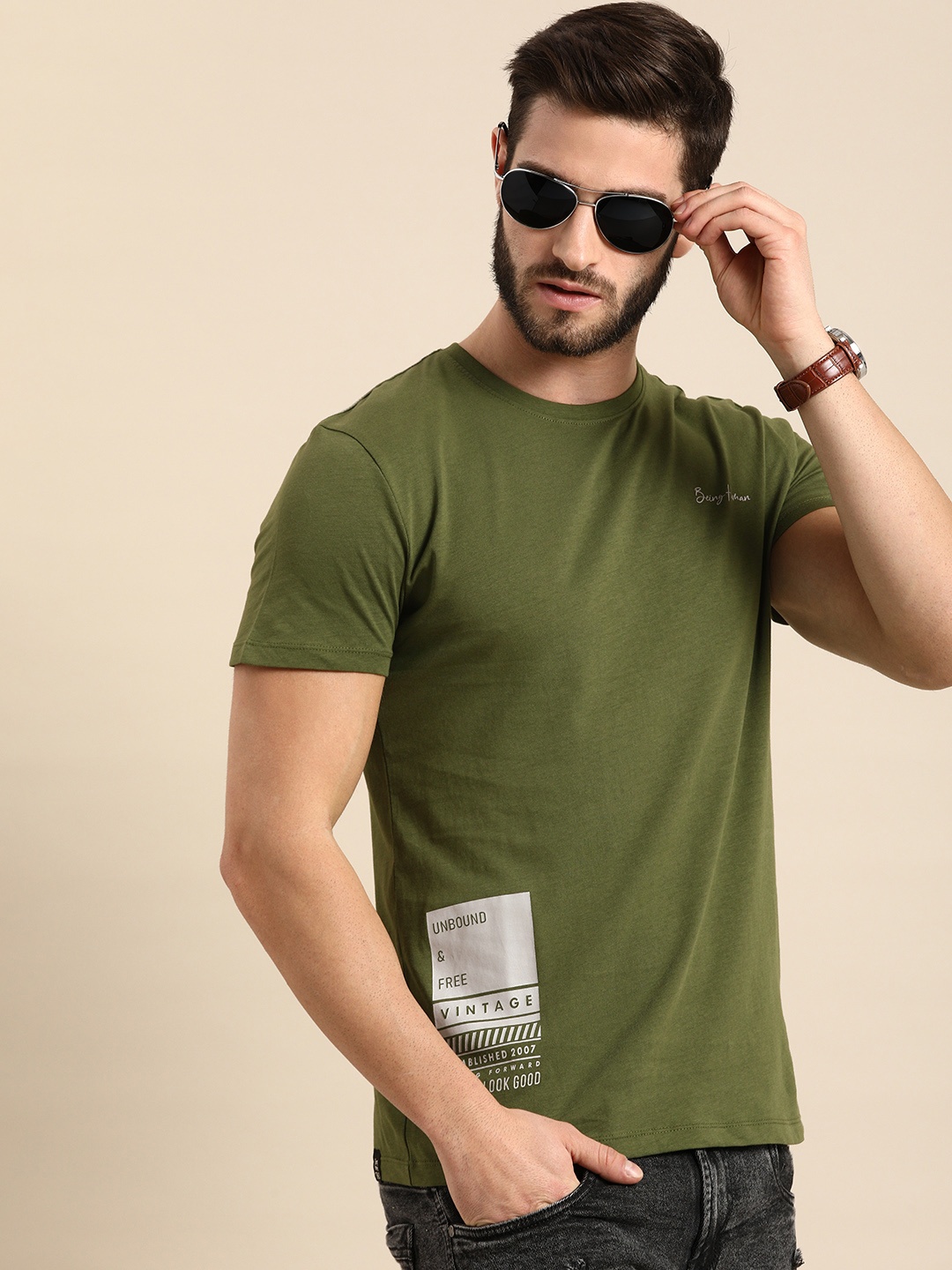 

Being Human Men Olive Green & Grey Printed Pure Cotton T-shirt