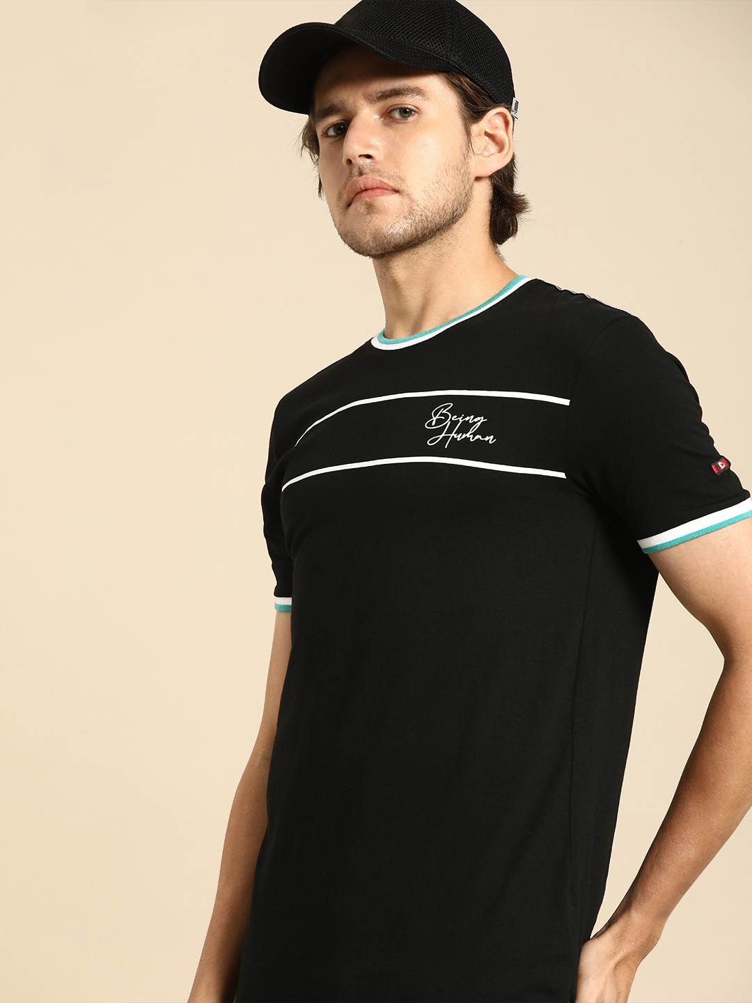 

Being Human Men Black & White Printed Slim Fit Pure Cotton Casual T-shirt