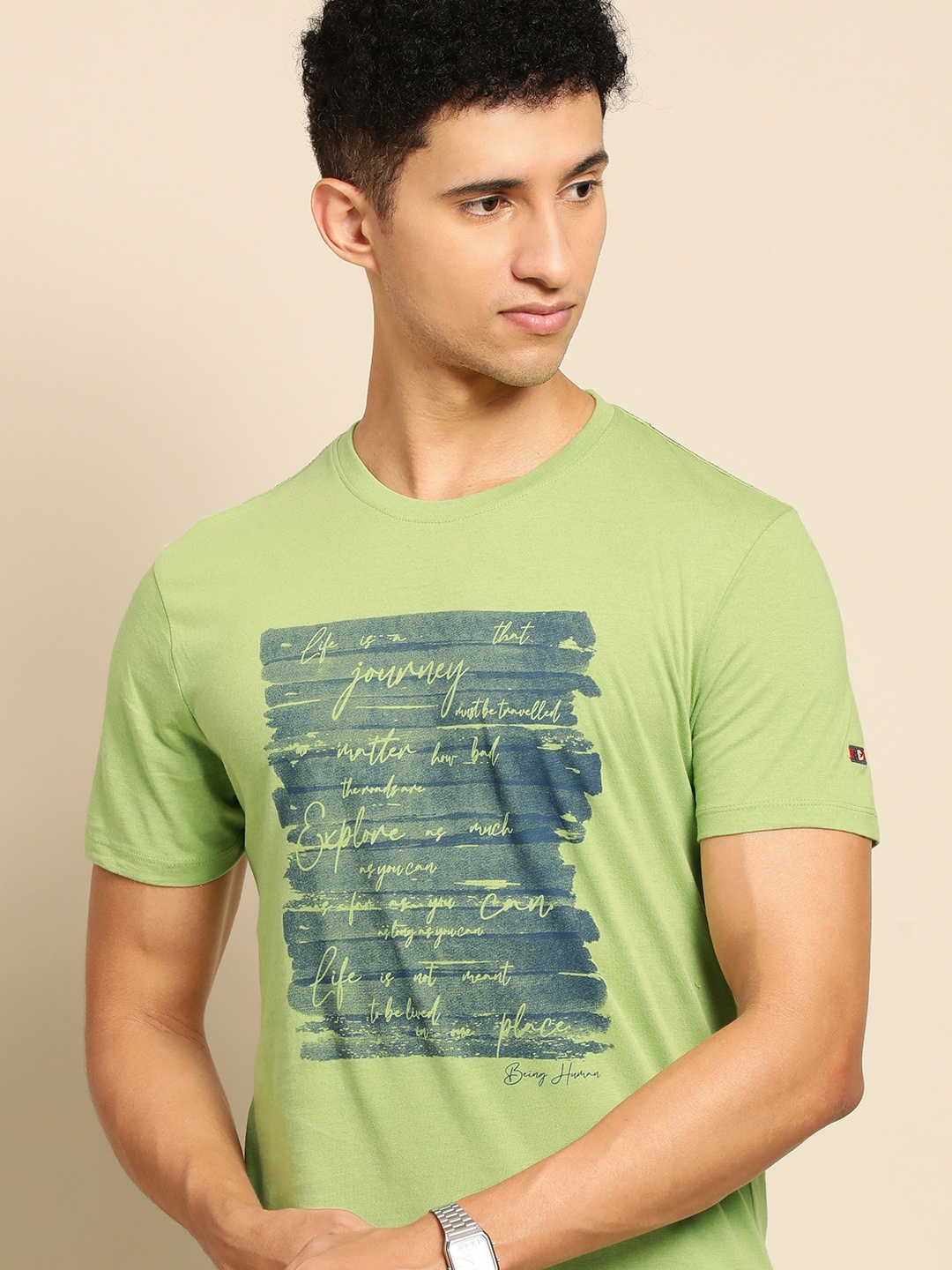 

Being Human Men Olive Green & Blue Printed Pure Cotton T-shirt