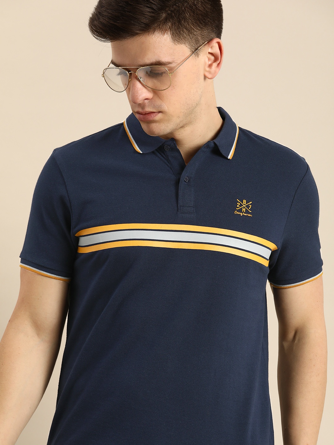 

Being Human Men Navy Blue Striped Polo Collar Pure Cotton T-shirt