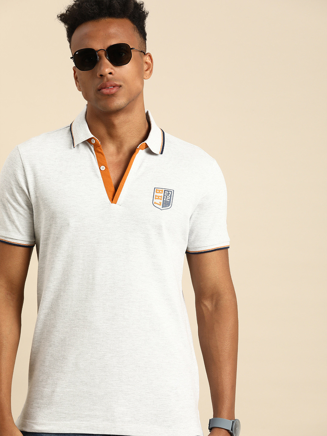 

Being Human Men Grey Melange & Orange Colourblocked Polo Collar Casual T-shirt