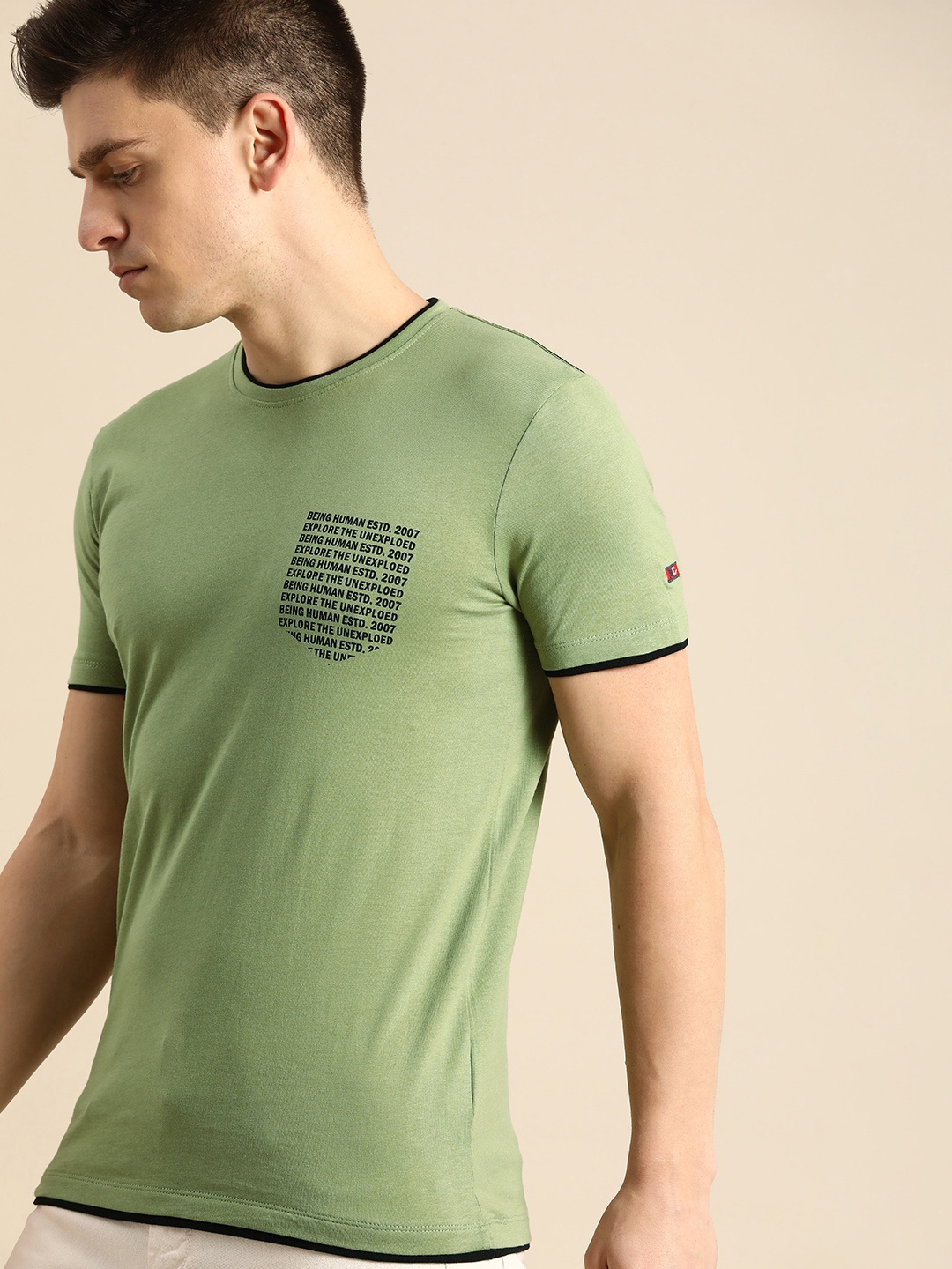 

Being Human Men Olive Green Typography Printed Pure Cotton T-shirt