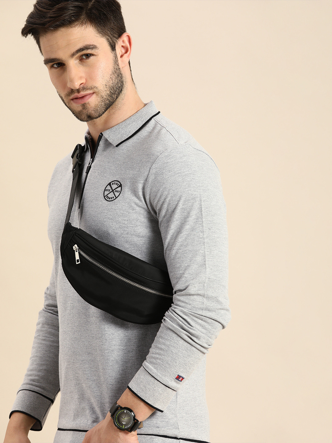 

Being Human Clothing Men Grey Melange Solid Polo Collar T-shirt