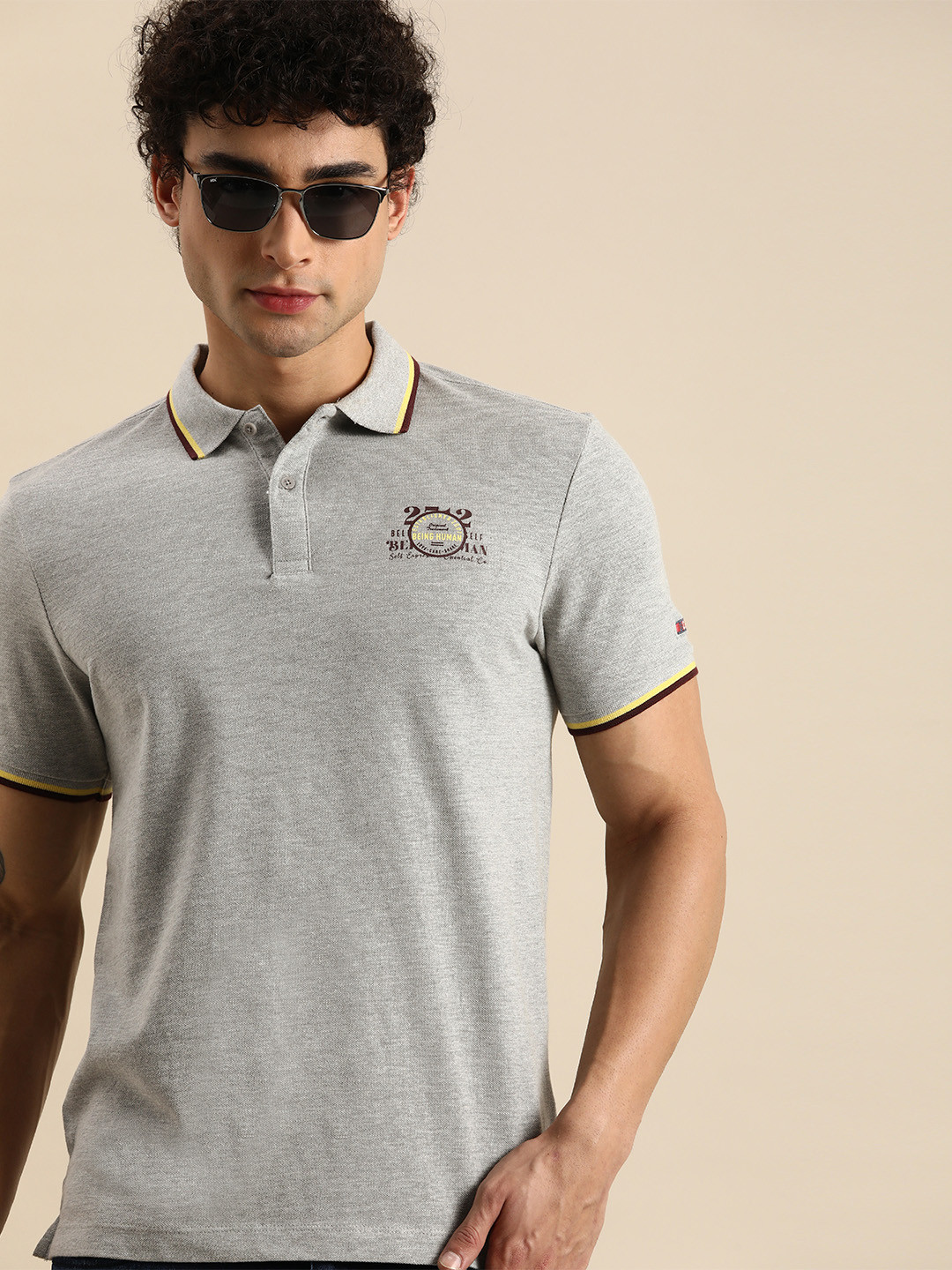 

Being Human Men Grey Melange Solid Polo Collar T-shirt