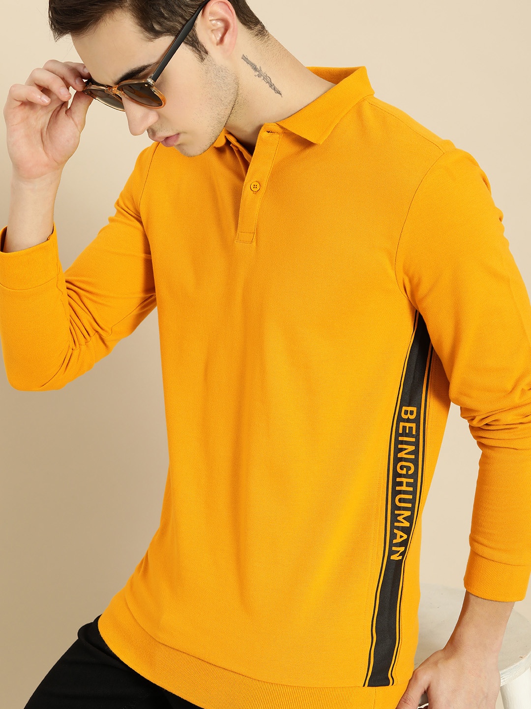 

Being Human Men Mustard Yellow Solid Pure Cotton Polo Collar T-shirt