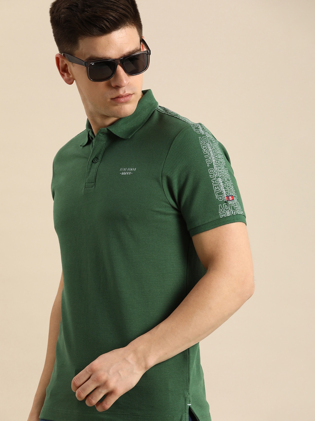 

Being Human Men Green Typography Printed Polo Collar Pure Cotton T-shirt