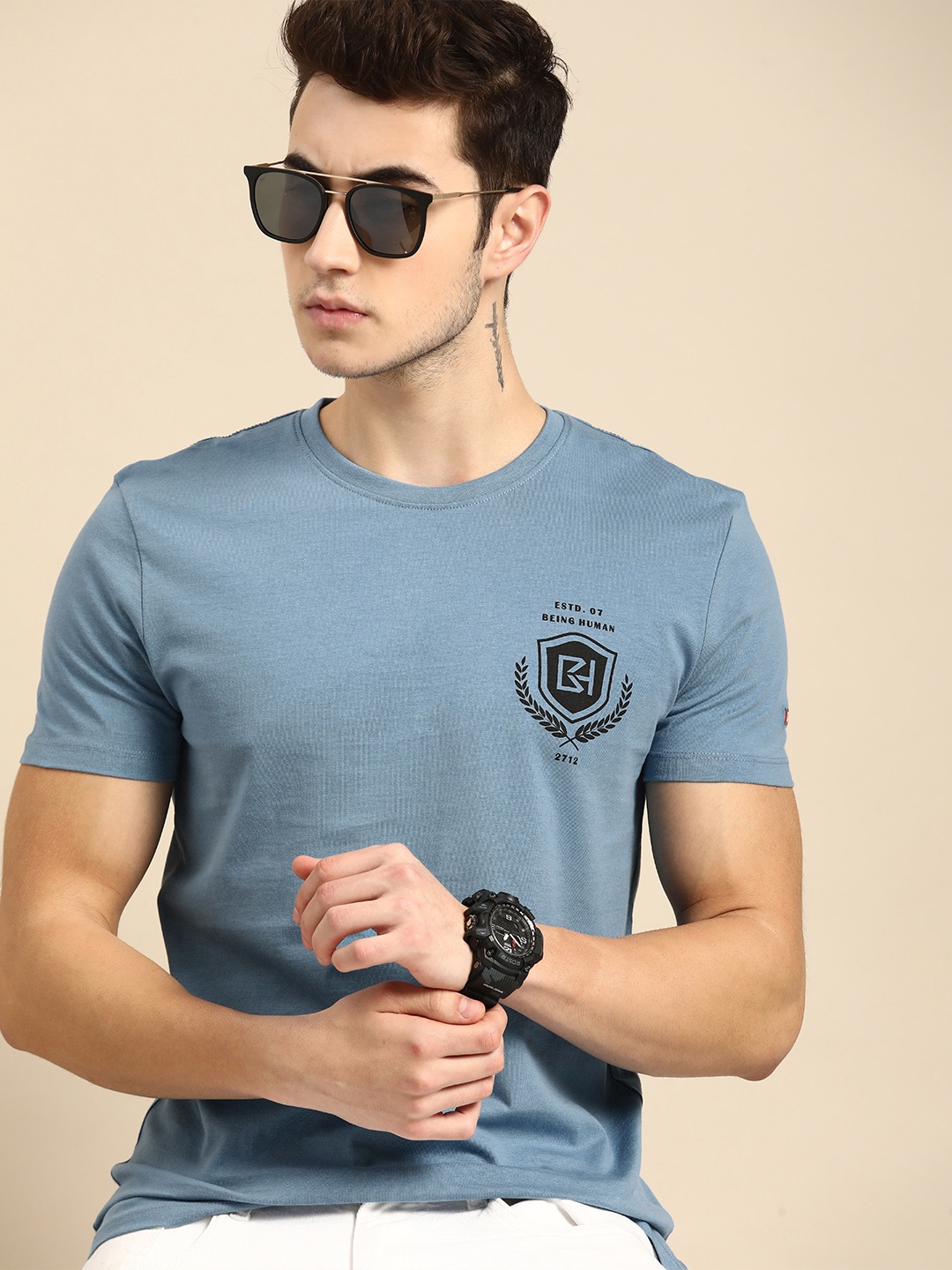 

Being Human Men Blue & Black Brand Logo Printed Pure Cotton T-shirt