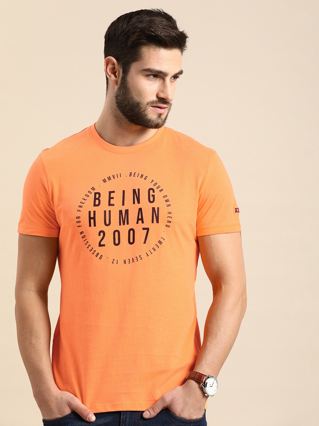 

Being Human Men Orange & Black Typography Printed Pure Cotton T-shirt