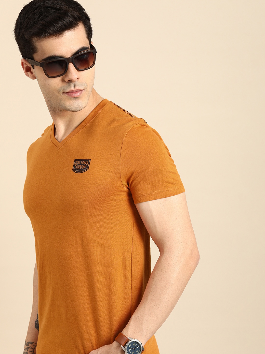 

Being Human Men Mustard Brand Logo Printed V-Neck Pure Cotton T-shirt