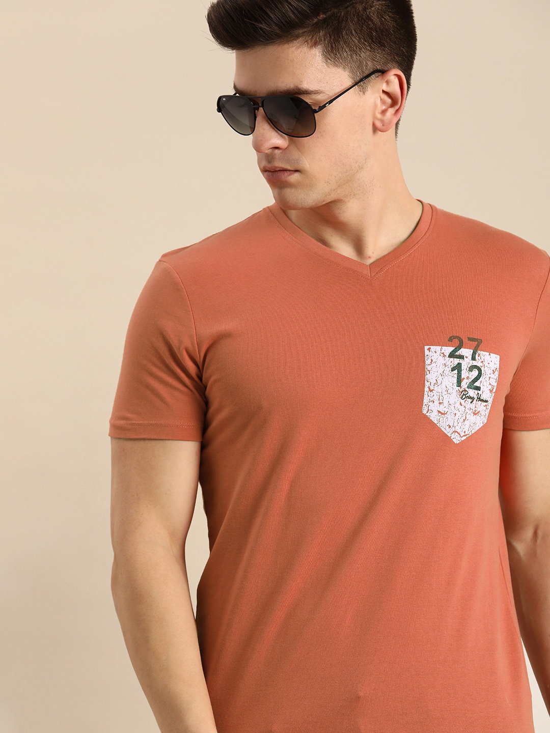

Being Human Men Rust Typography Printed V-Neck Pure Cotton T-shirt