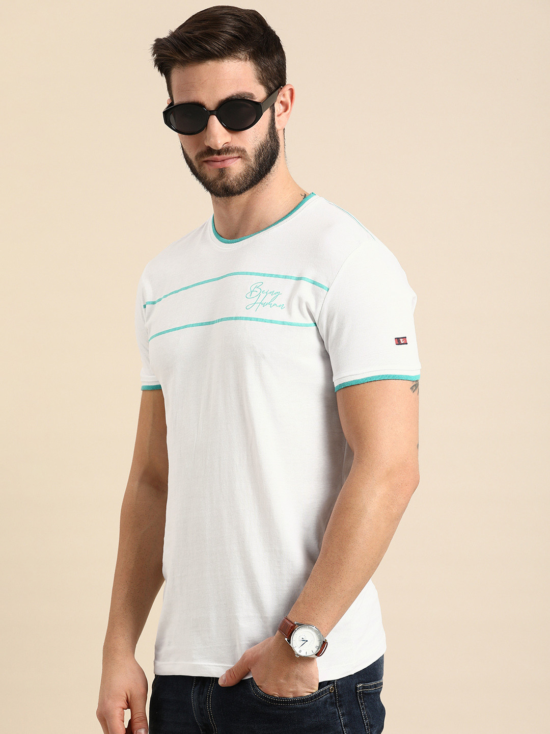 

Being Human Men White & Blue Printed Pure Cotton T-shirt