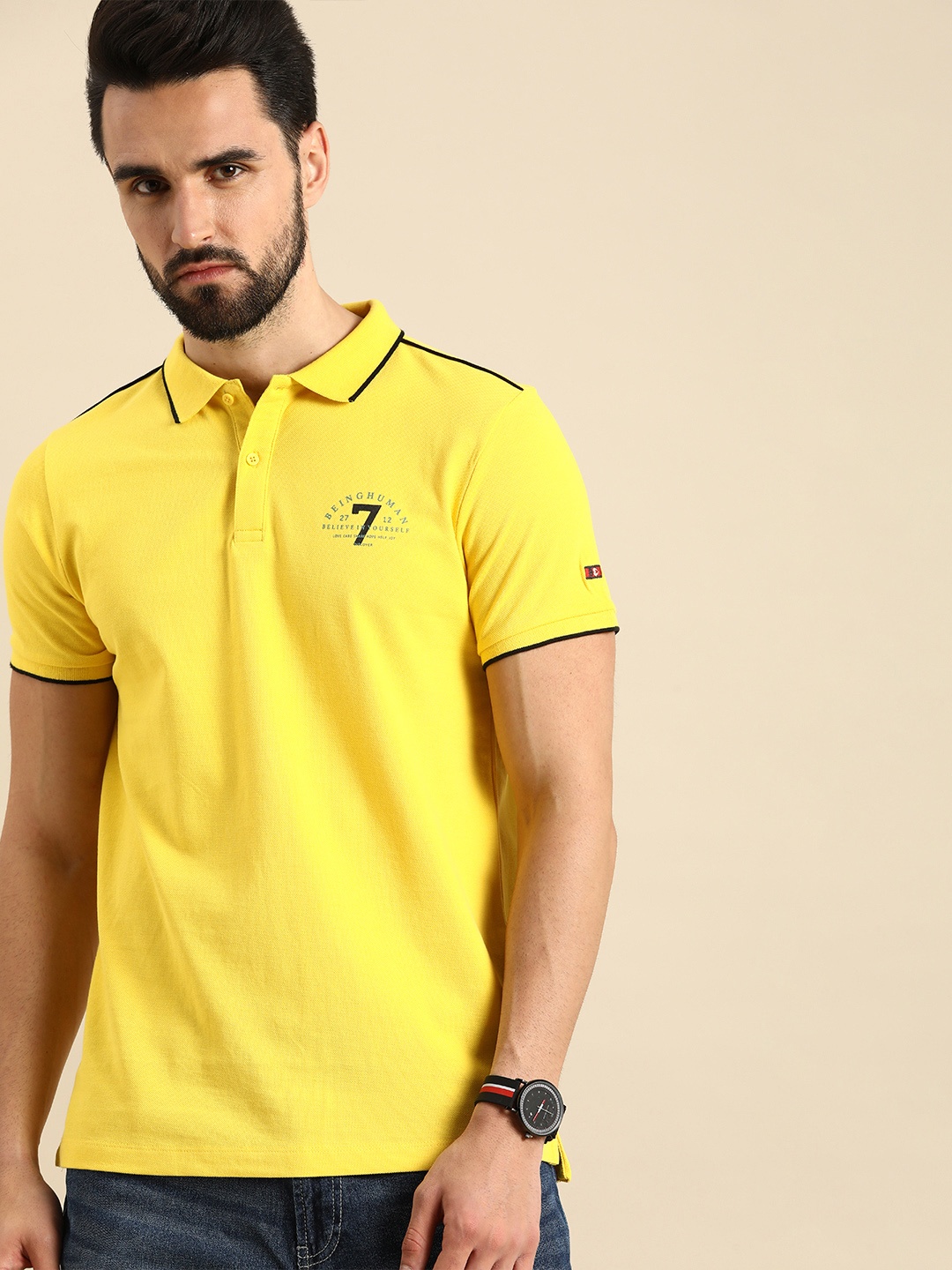 

Being Human Men Yellow & Black Brand Logo Polo Collar Slim Fit :Pure Cotton Casual T-shirt