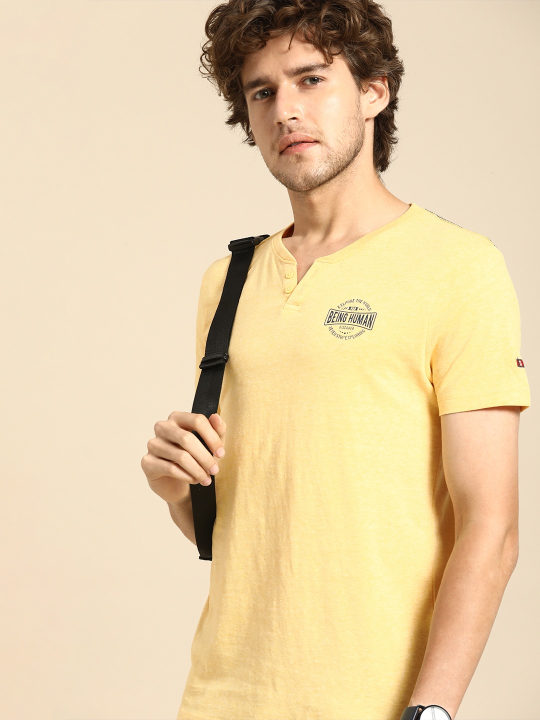 

Being Human Men Yellow Brand Logo Printed Henley Neck Slim Fit T-shirt
