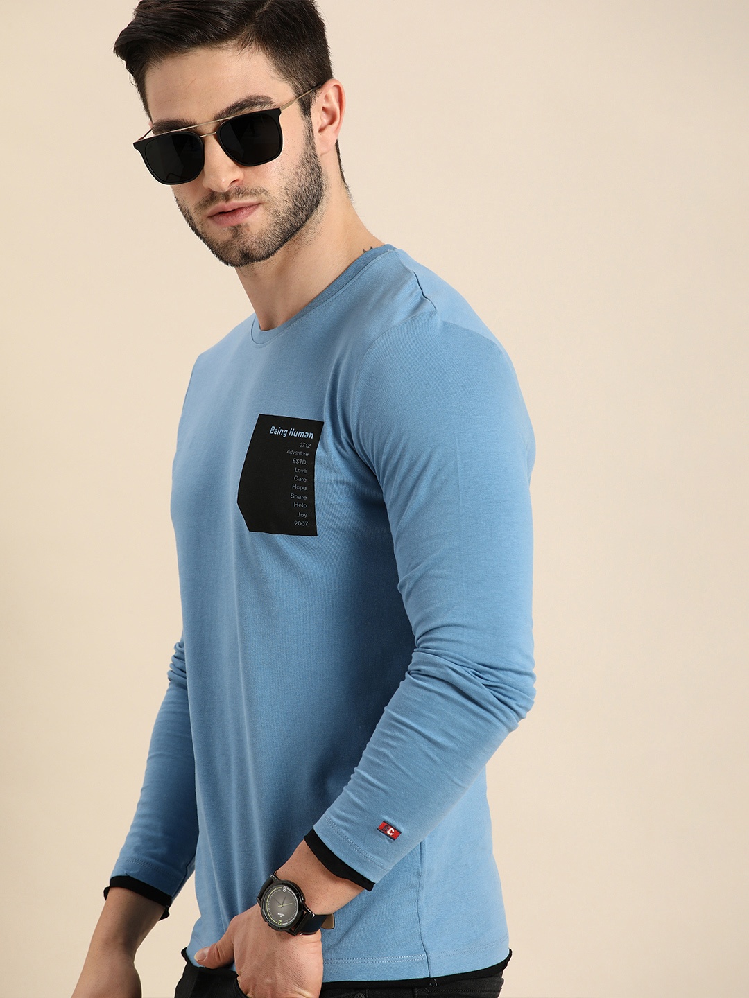 

Being Human Men Blue Solid Pocket Detailed Pure Cotton T-shirt