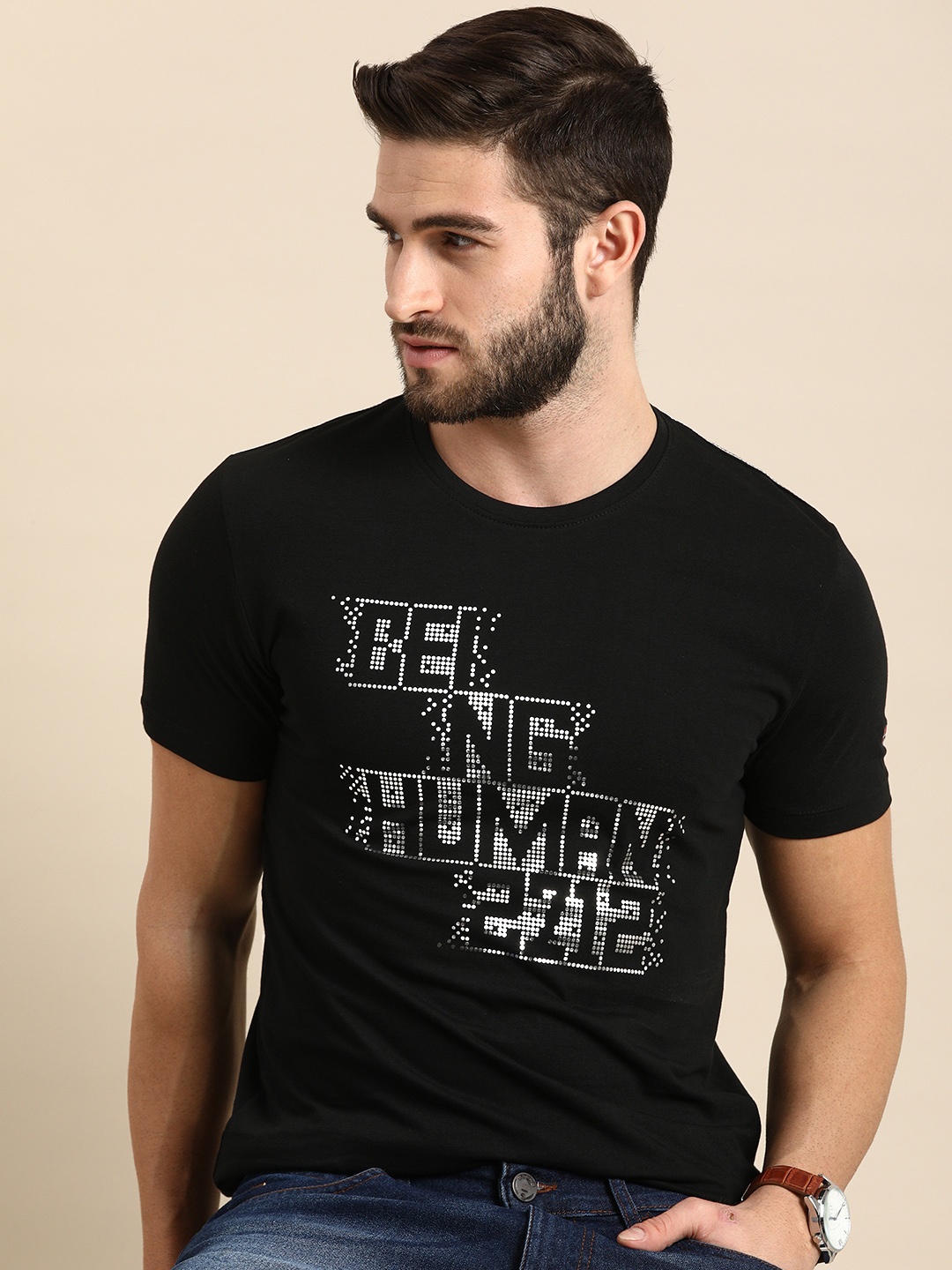 

Being Human Men Black & Silver-Toned Brand Logo Printed Pure Cotton T-shirt