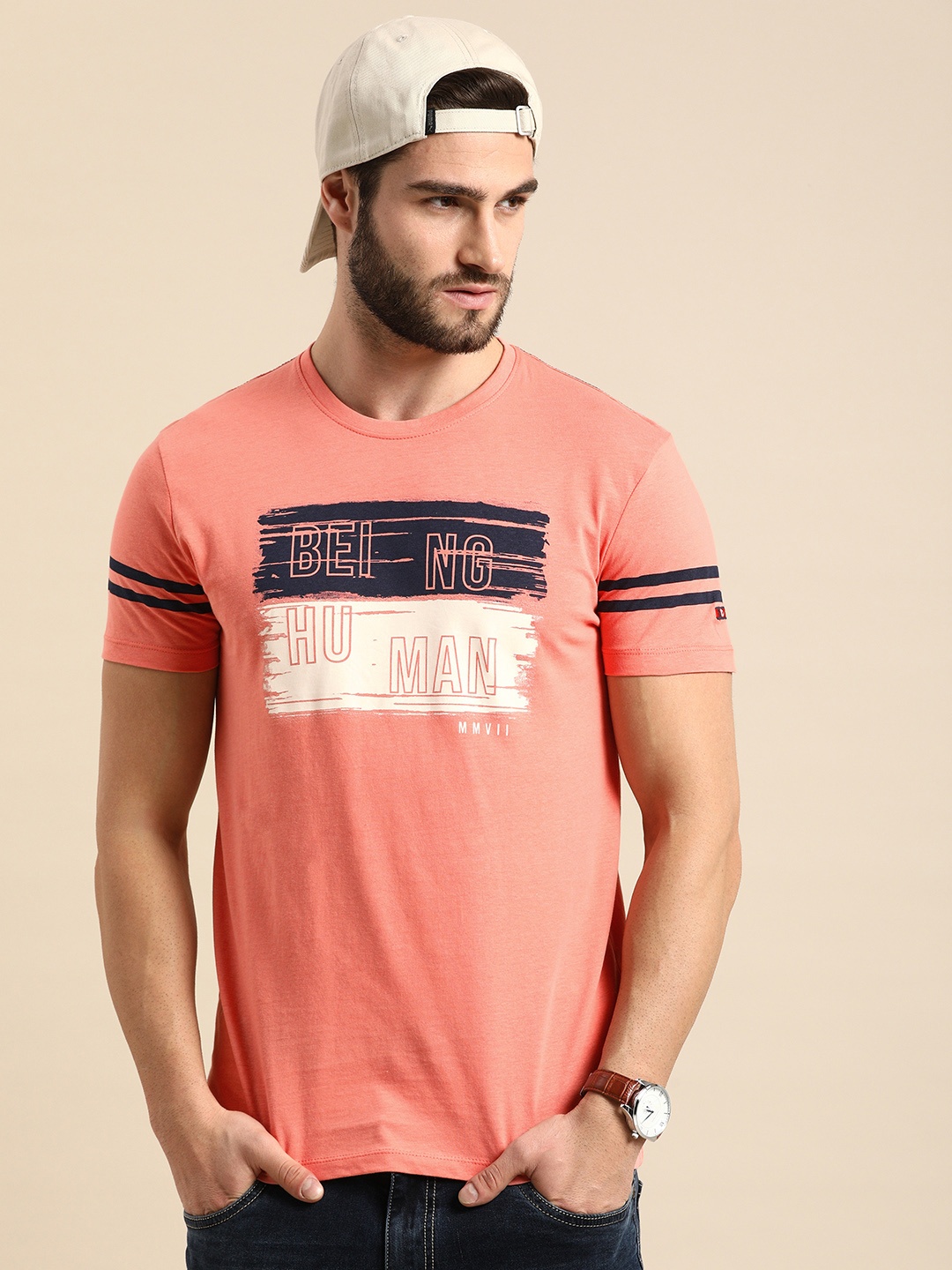 

Being Human Men Coral Pink & Blue Printed Pure Cotton T-shirt