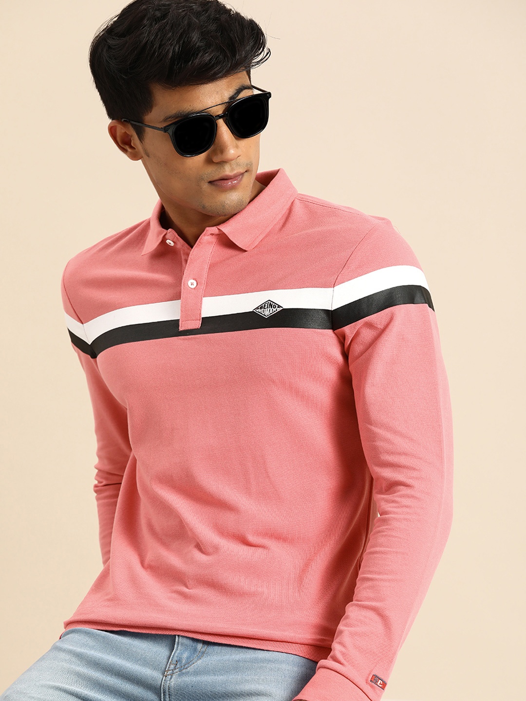 

Being Human Clothing Men Pink Striped Polo Collar Pure Cotton T-shirt