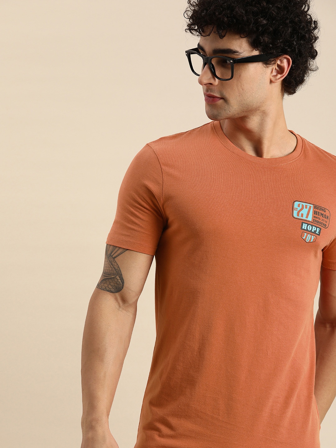 

Being Human Men Rust Orange T-shirt with Printed Detailing
