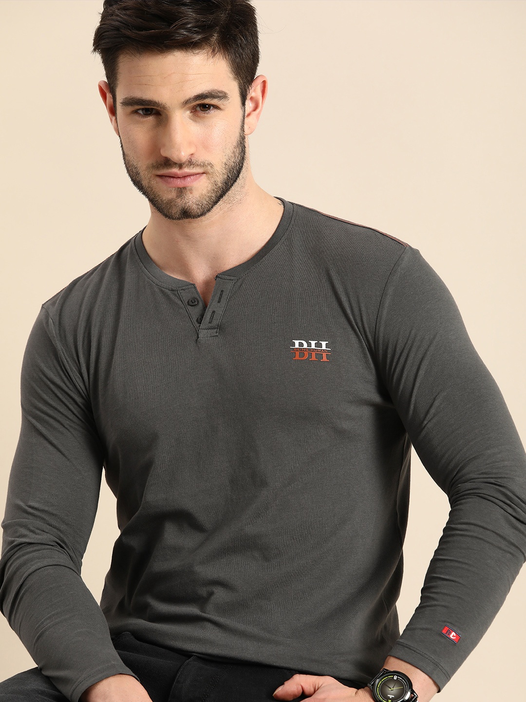 

Being Human Men Charcoal Grey Solid Henley Neck Pure Cotton T-shirt