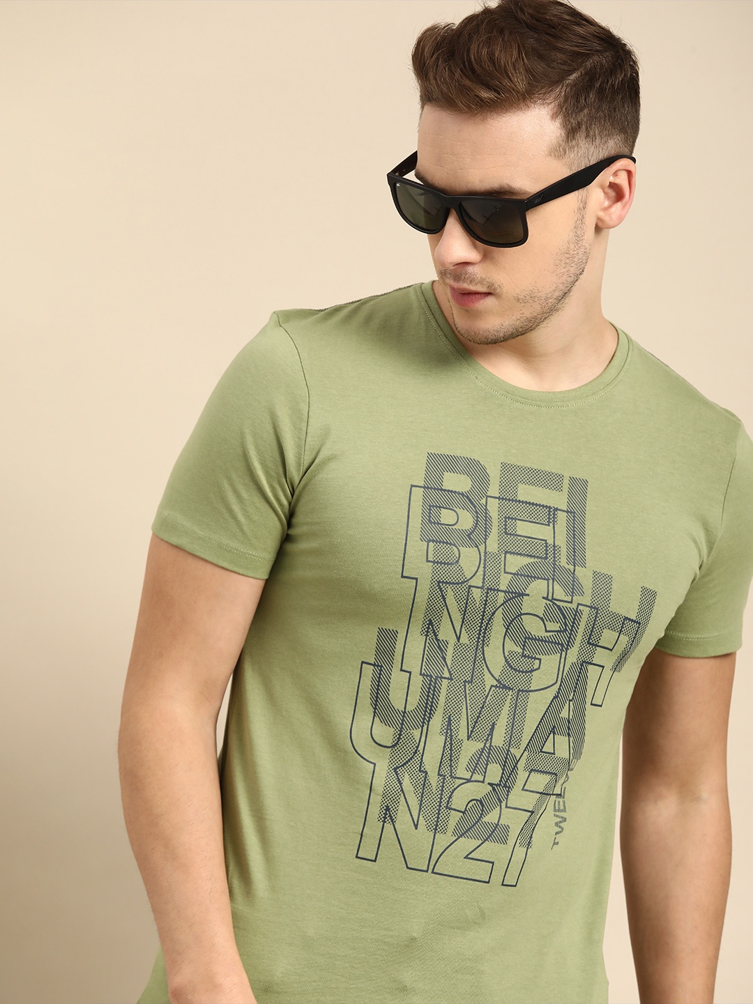 

Being Human Men Green Typography Printed Round Neck Pure Cotton T-shirt