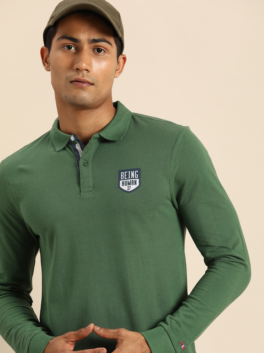 

Being Human Clothing Men Green Solid Polo Collar Pure Cotton T-shirt