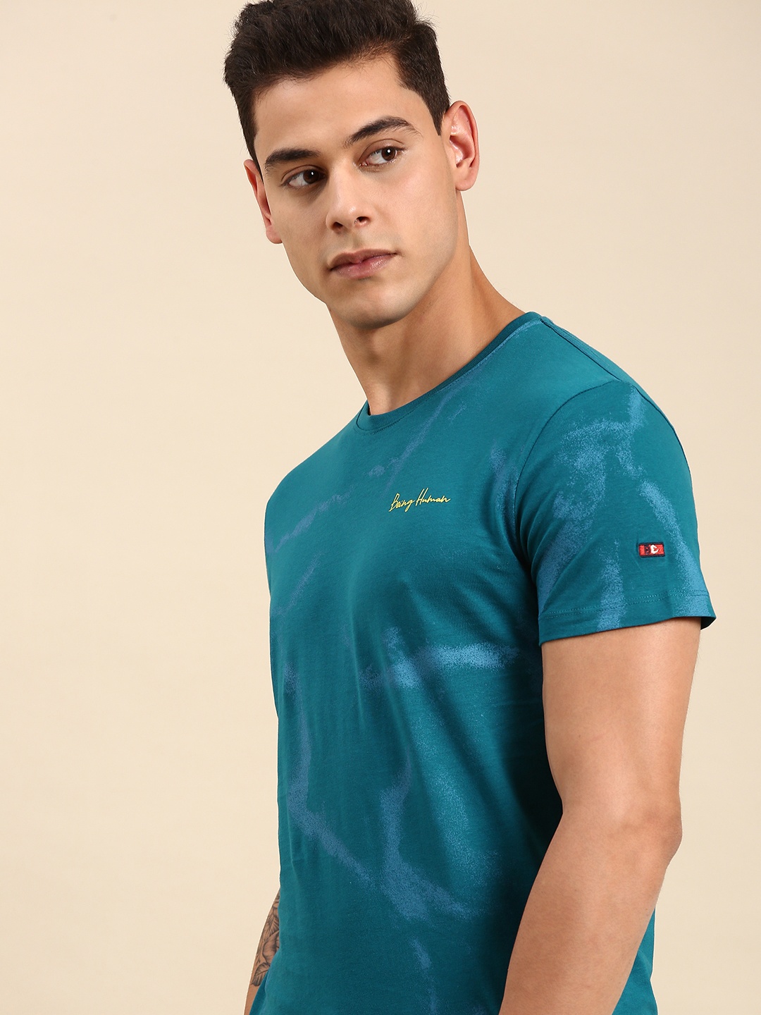 

Being Human Men Teal Blue Tie and Dye Printed Pure Cotton T-shirt