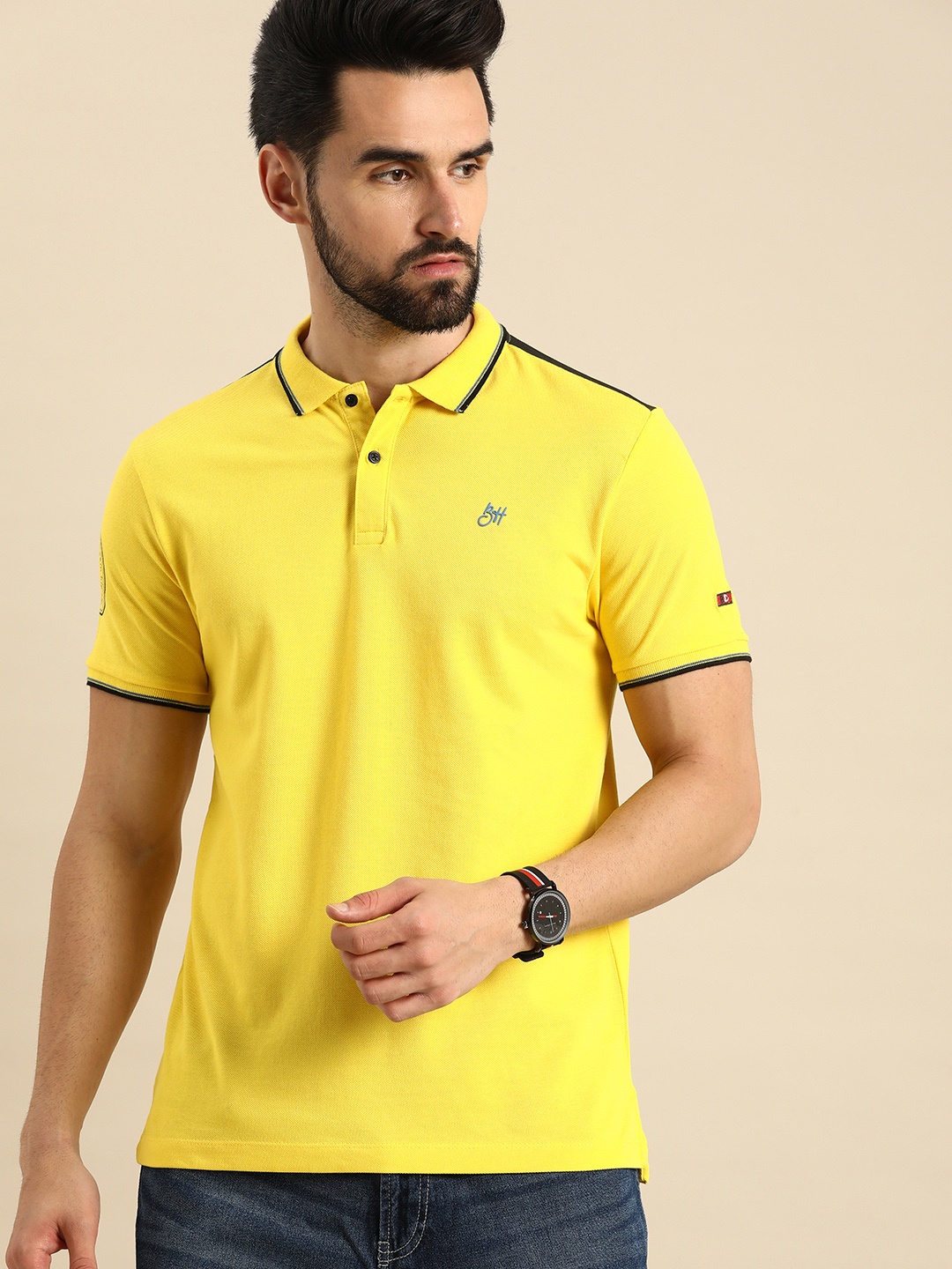 

Being Human Men Yellow & Black Brand Logo Polo Collar Slim Fit Pure Cotton Casual T-shirt