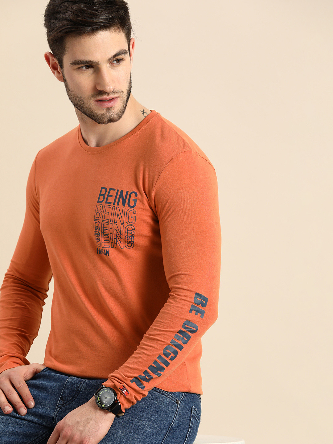 

Being Human Men Rust Orange Brand Logo Printed T-shirt