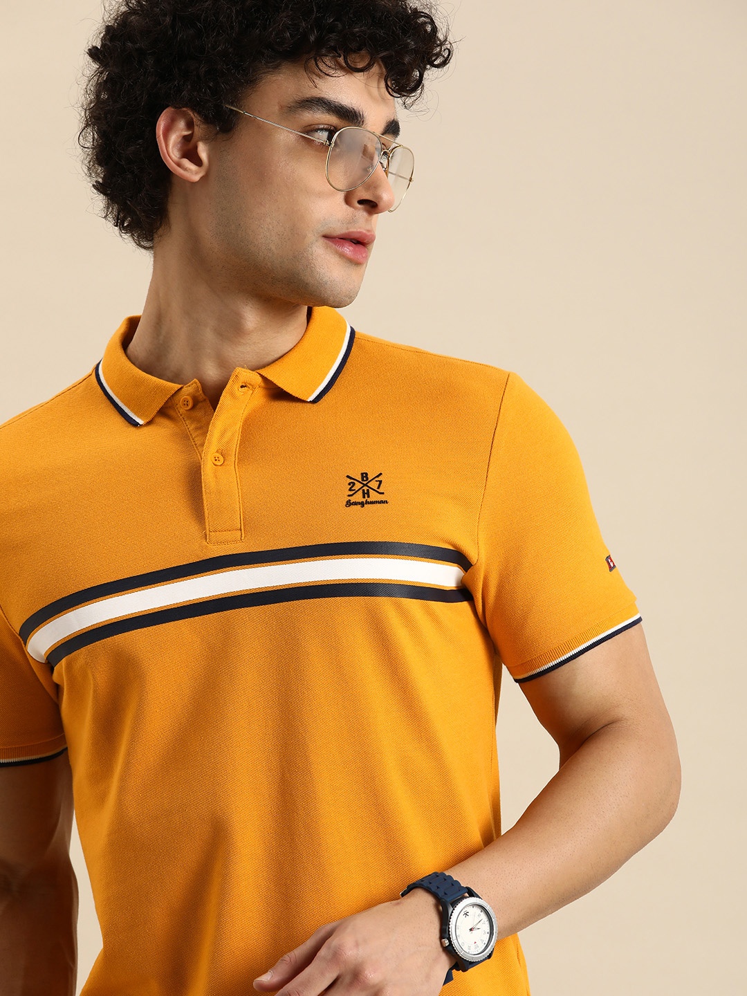 

Being Human Clothing Men Mustard Yellow Striped Polo Collar Pure Cotton T-shirt