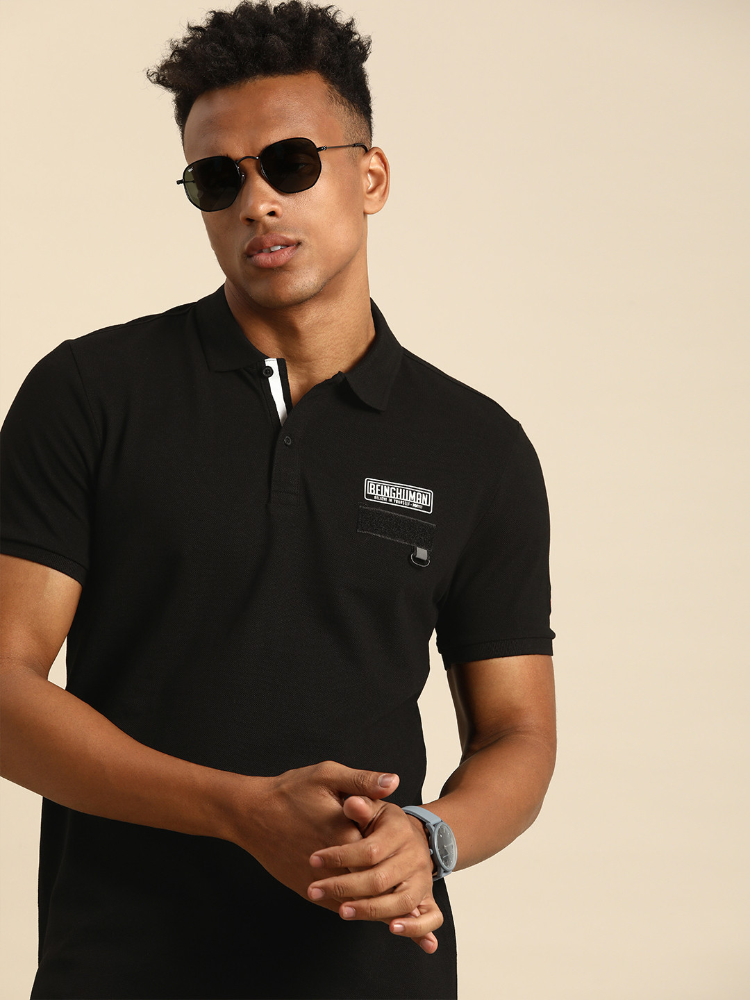 

Being Human Men Black & Off White Brand Logo Colourblocked Polo Collar Pure Cotton T-shirt