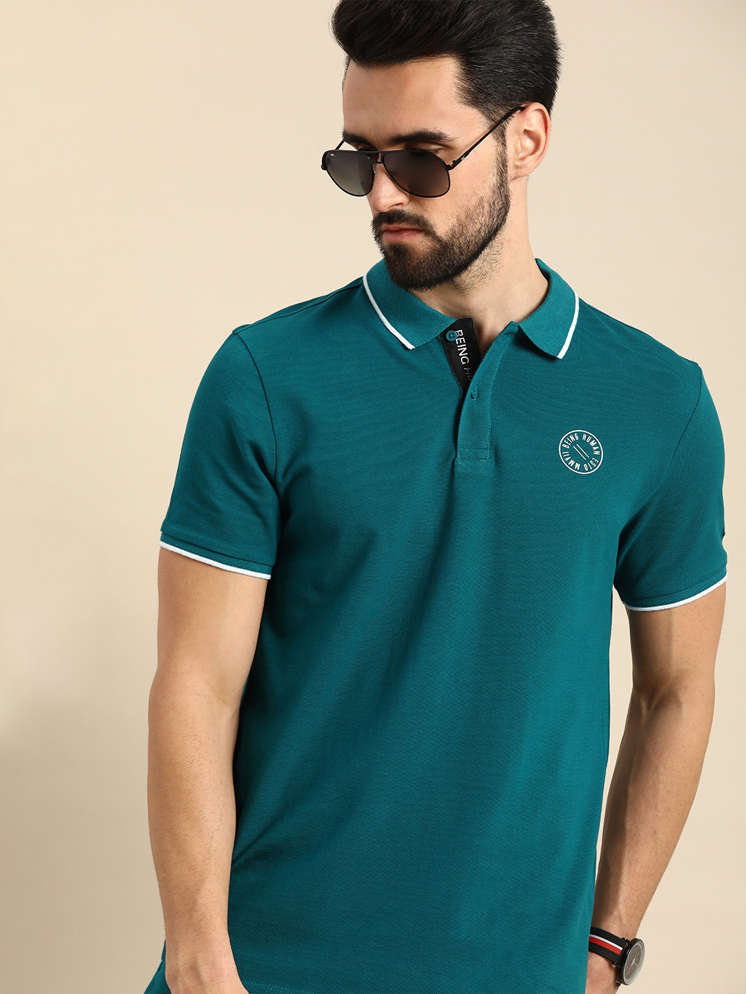 

Being Human Men Teal & White Printed Polo Collar Pure Cotton T-shirt