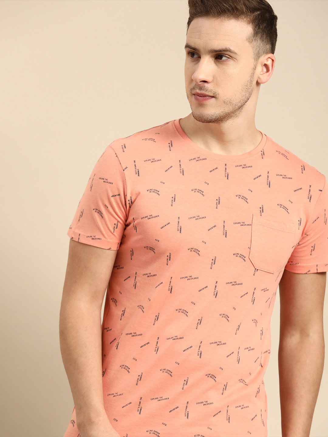 

Being Human Men Coral & Navy Blue Typography Printed Pure Cotton T-shirt