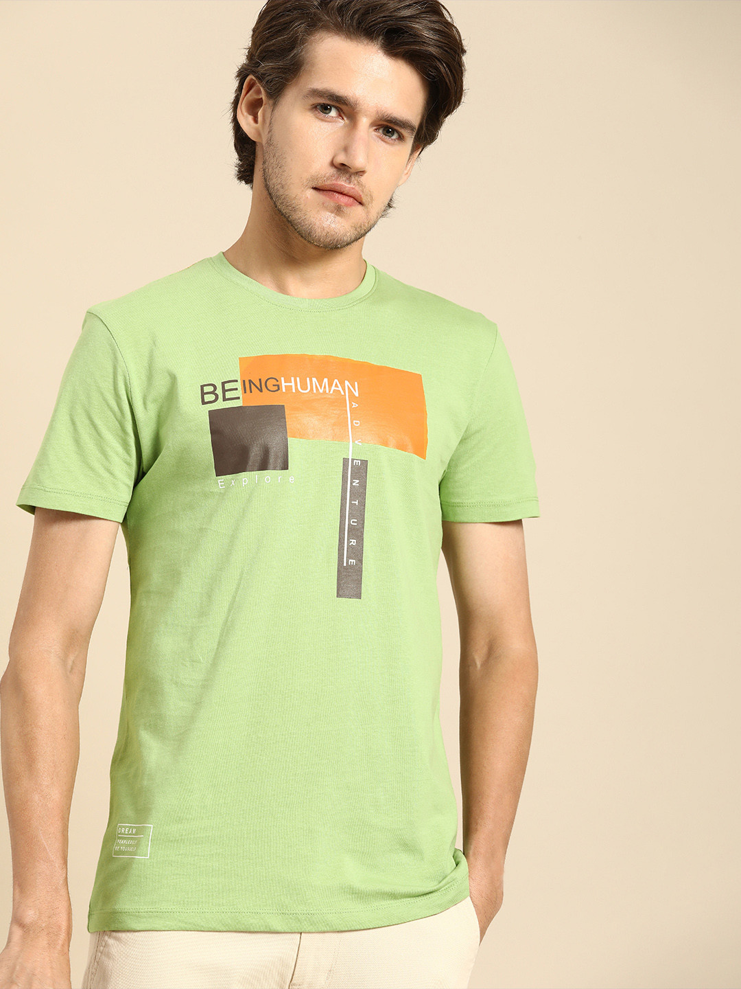 

Being Human Men Green & Orange Printed Slim Fit Pure Cotton Casual T-shirt